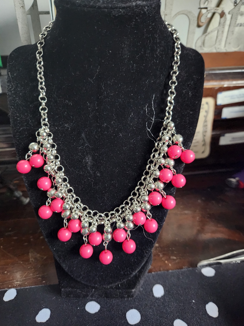 Silver Tone Chain Necklace with Pink Bead Drops - Women Jewelry